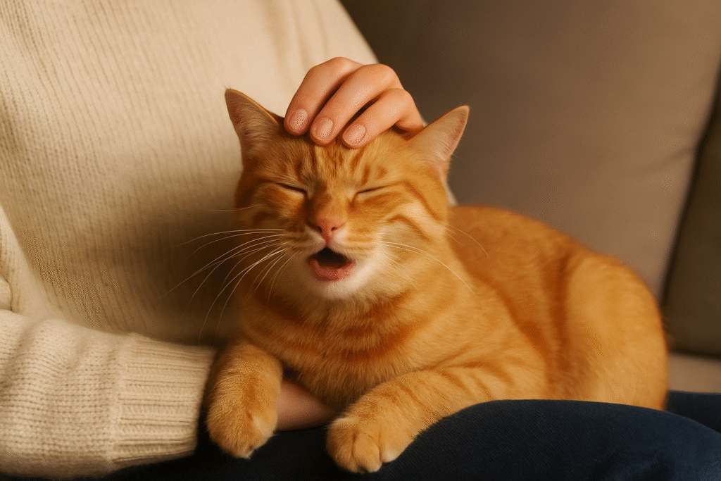 A relaxed ginger cat with closed eyes, enjoying a gentle head pat while sitting comfortably on its owner's lap.