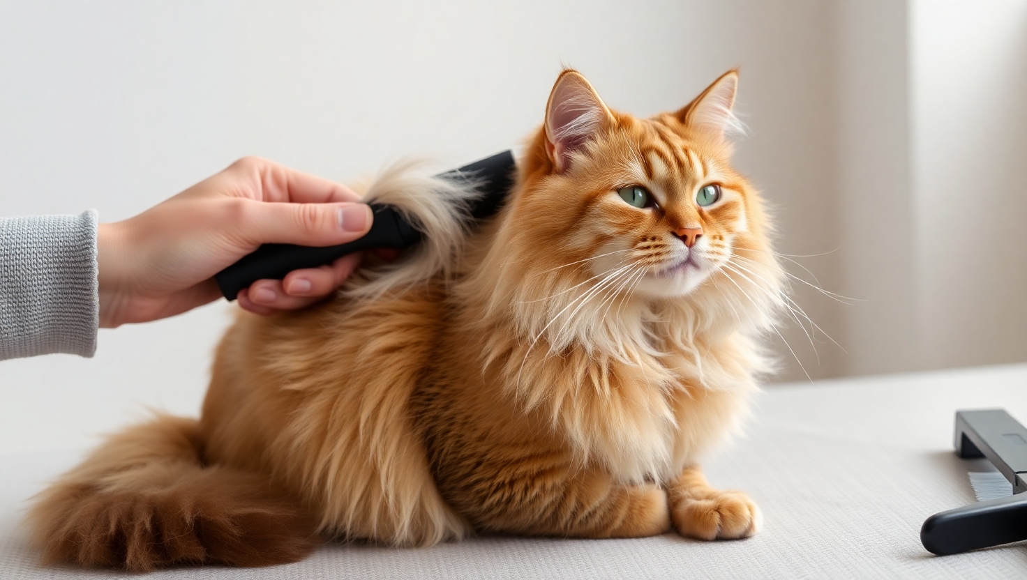 Person brushing a long-haired orange Maine Coon cat