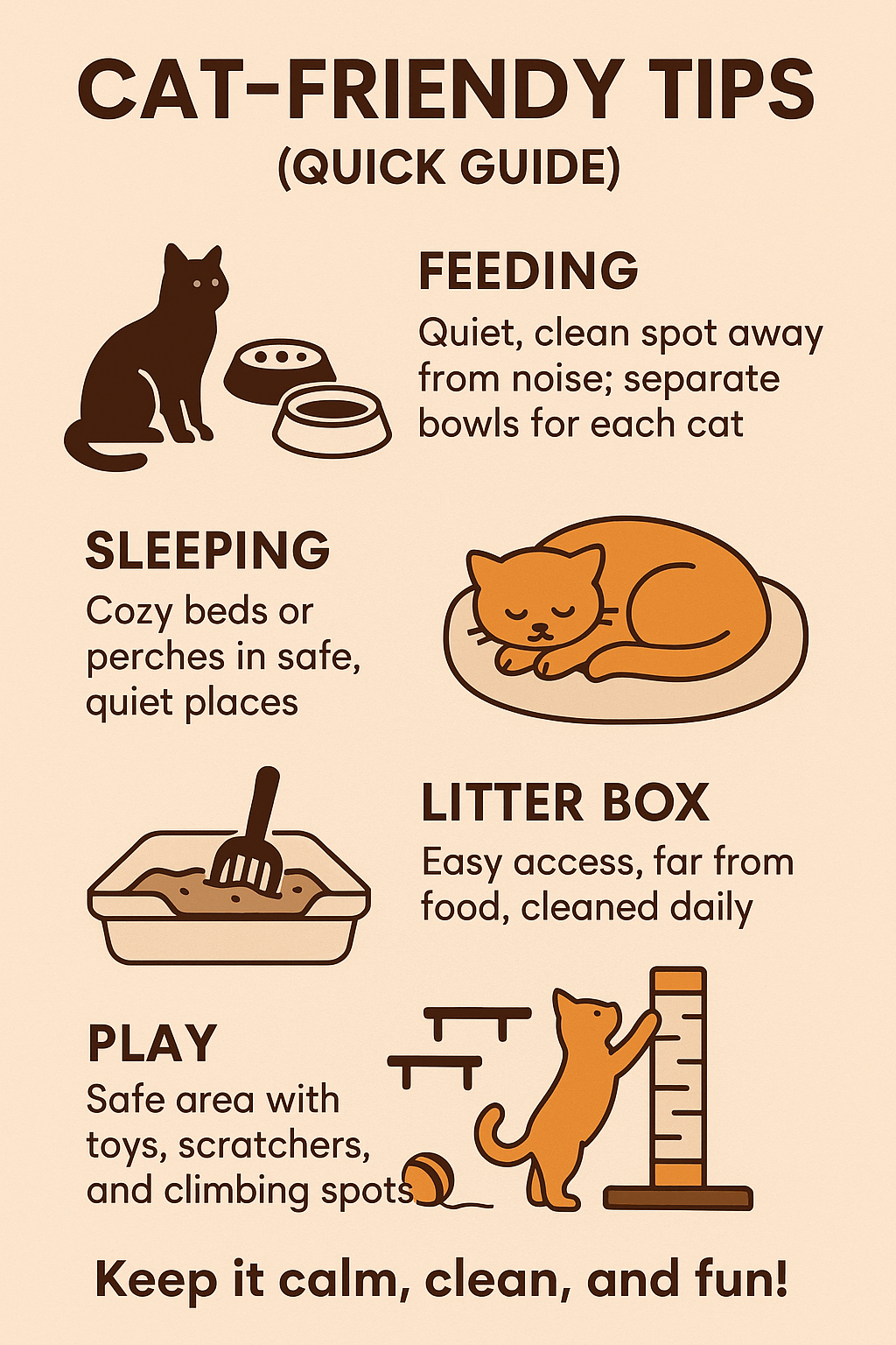 Infographic outlining cat-friendly tips for feeding, sleeping, litter box, and play