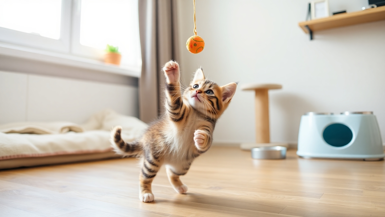 Energetic Bengal kitten playing with a dangling toy in a living room