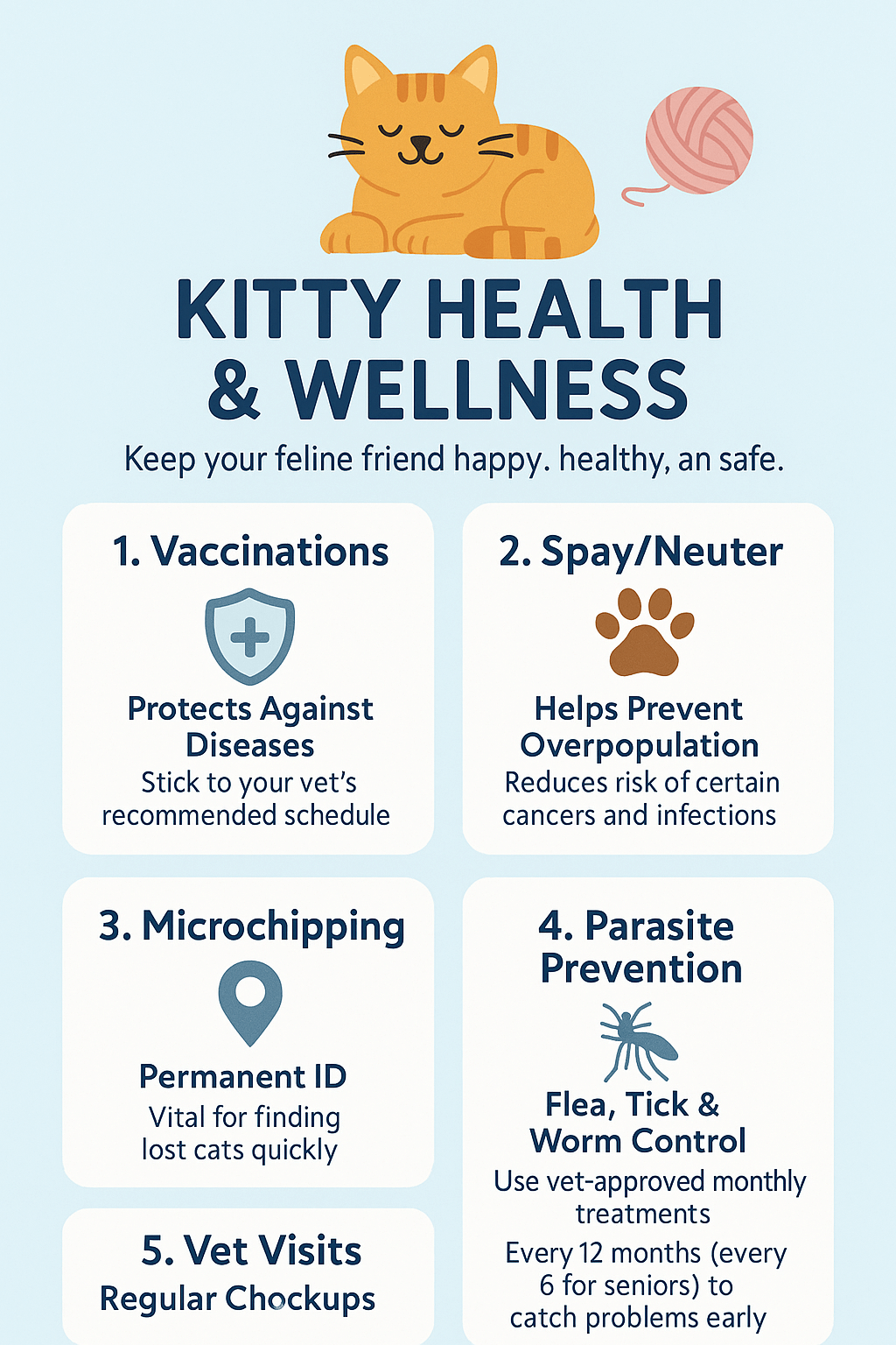 Infographic showing kitty health and wellness tips including vaccinations and vet visits