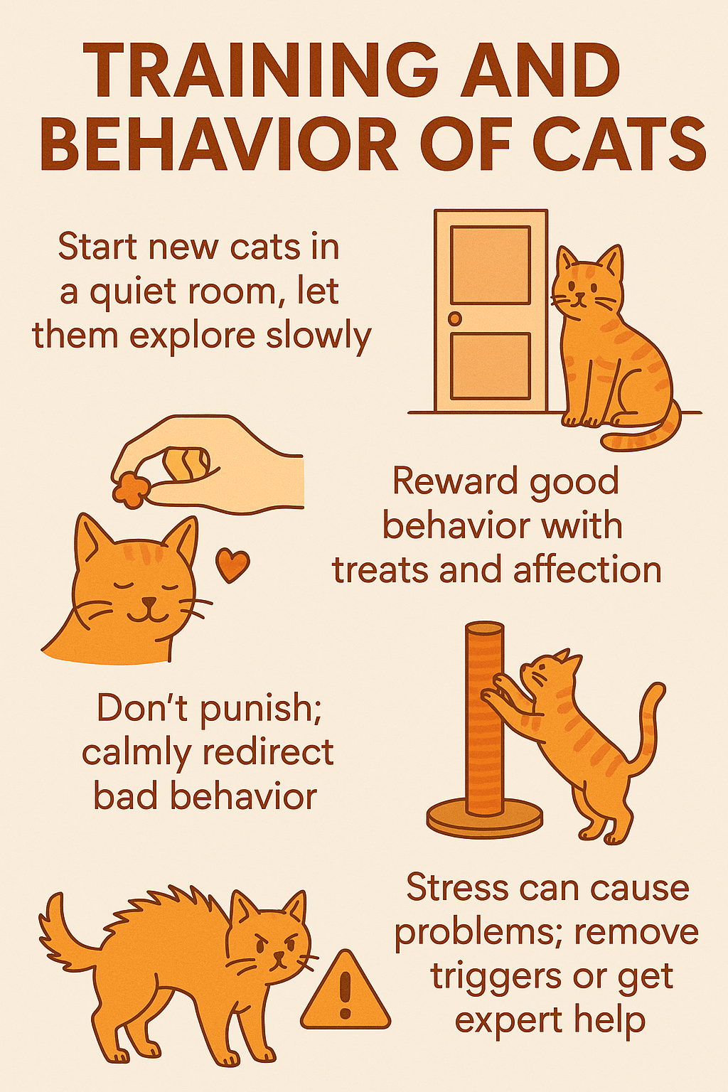 Infographic illustrating tips for training and managing cat behavior