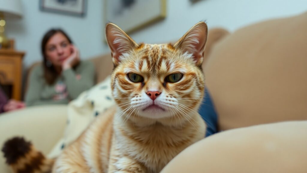 angry orange cat sitting on a sofa