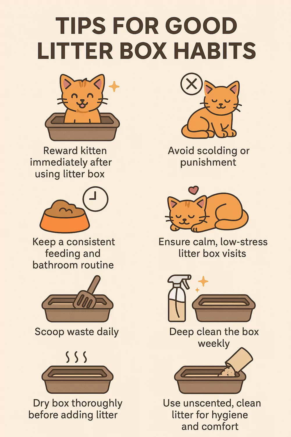 Litter box training habits infographic with reward tips, cleaning routine, and proper kitten bathroom etiquette.