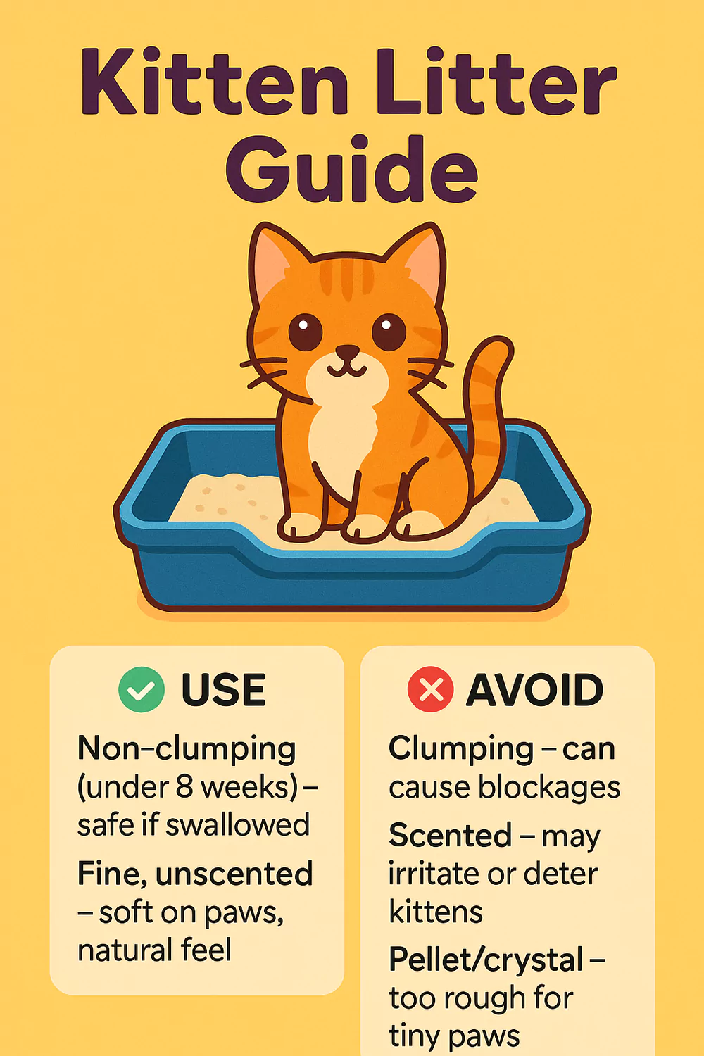 Kitten litter type guide comparing non-clumping vs clumping litter with safety recommendations for young cats.
