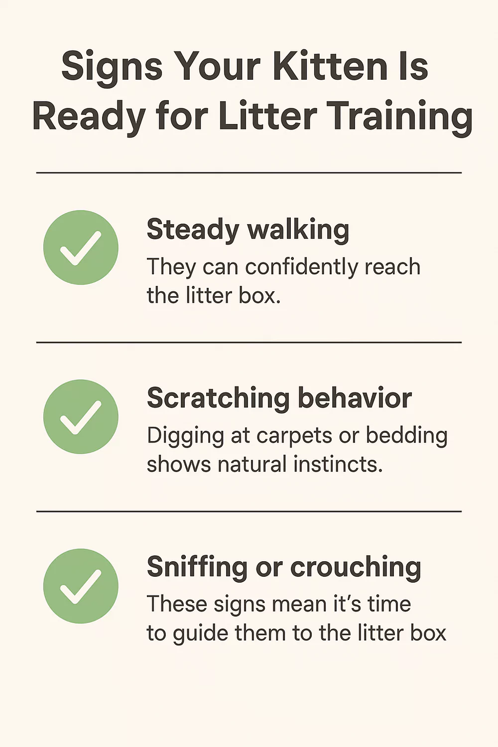 Signs kitten is ready for litter training including steady walking, scratching behavior, and sniffing crouching.