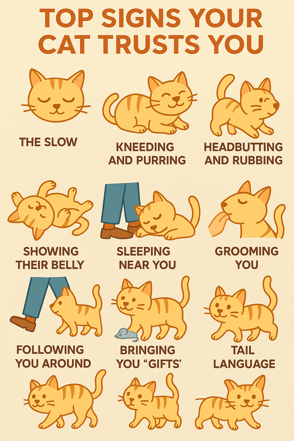 Warm-toned infographic illustrating eight positive signs your cat trusts you, including slow blinks, kneading, belly exposure, and headbutts.