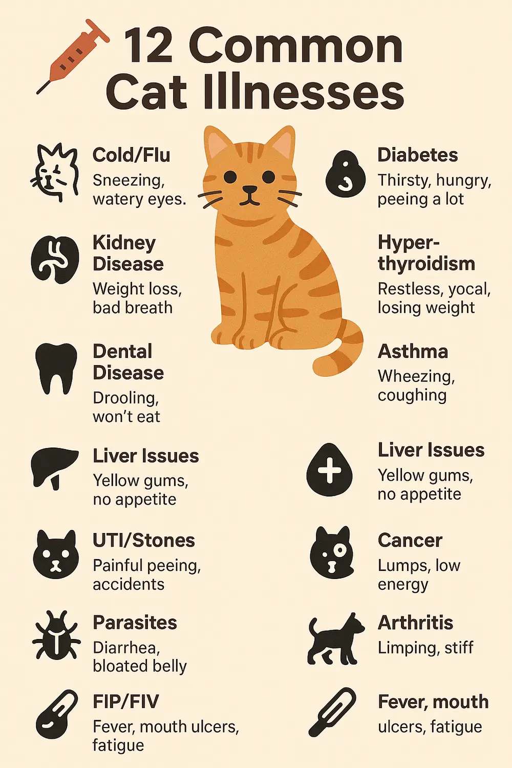 Infographic showing 12 common cat illnesses with symptoms including diabetes, kidney disease, and dental issues.