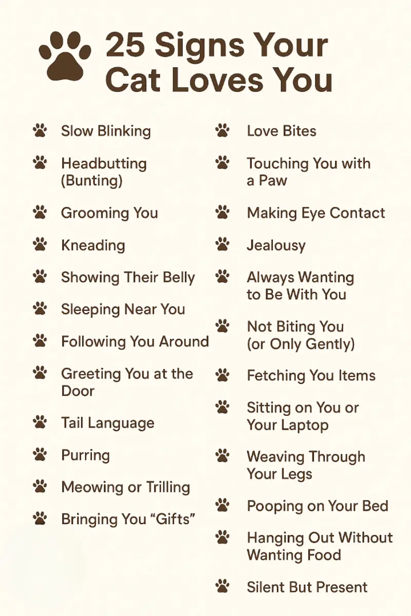 Comprehensive list of 25 signs your cat loves you including slow blinking, headbutting, kneading, grooming, and following behaviors.