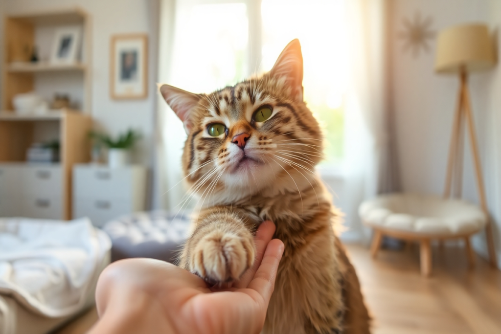 Bengal cat with striking green eyes kneading owner's hand in cozy home interior, demonstrating love and comfort behavior.
