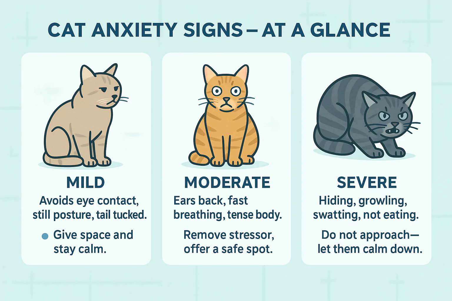 Cat anxiety signs at a glance showing mild, moderate and severe symptoms with illustrated cats.