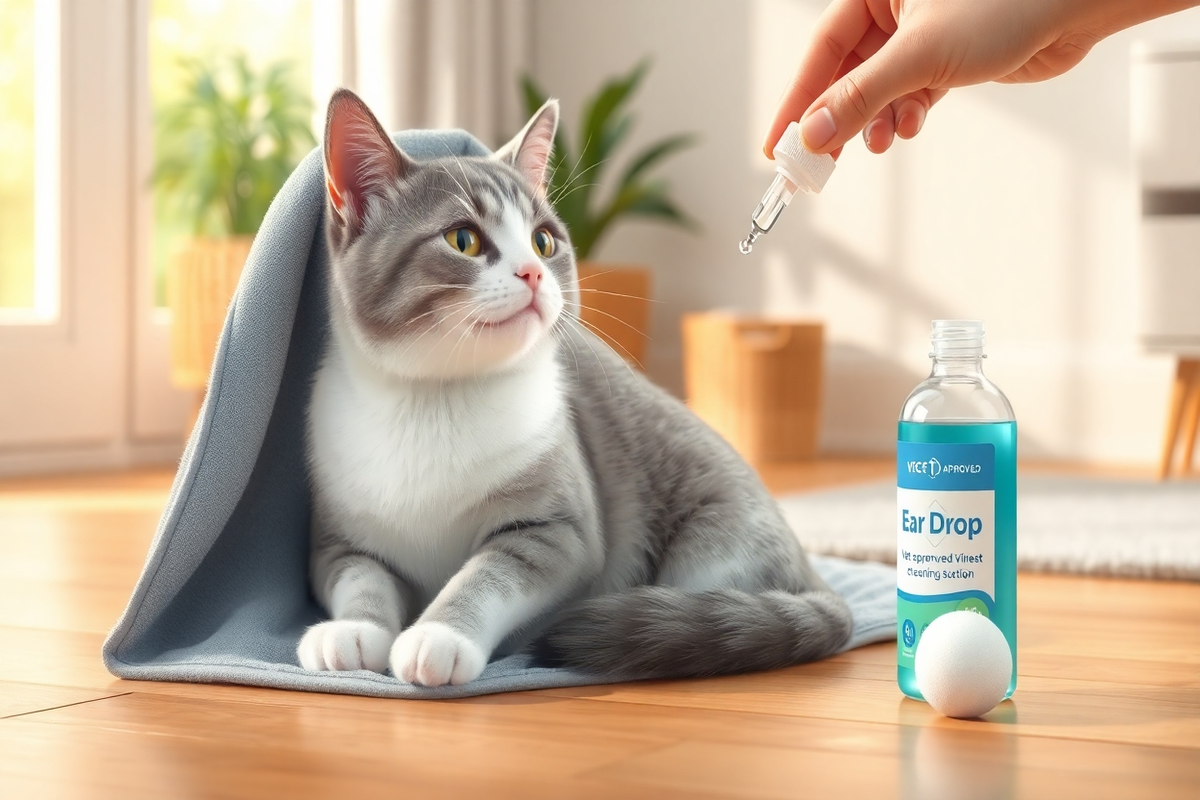 Gray and white cat wrapped in towel receiving ear drops from dropper bottle for safe ear cleaning.
