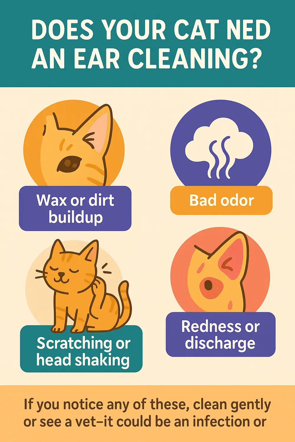 Signs your cat needs ear cleaning: wax buildup, bad odor, scratching, head shaking, and discharge symptoms.