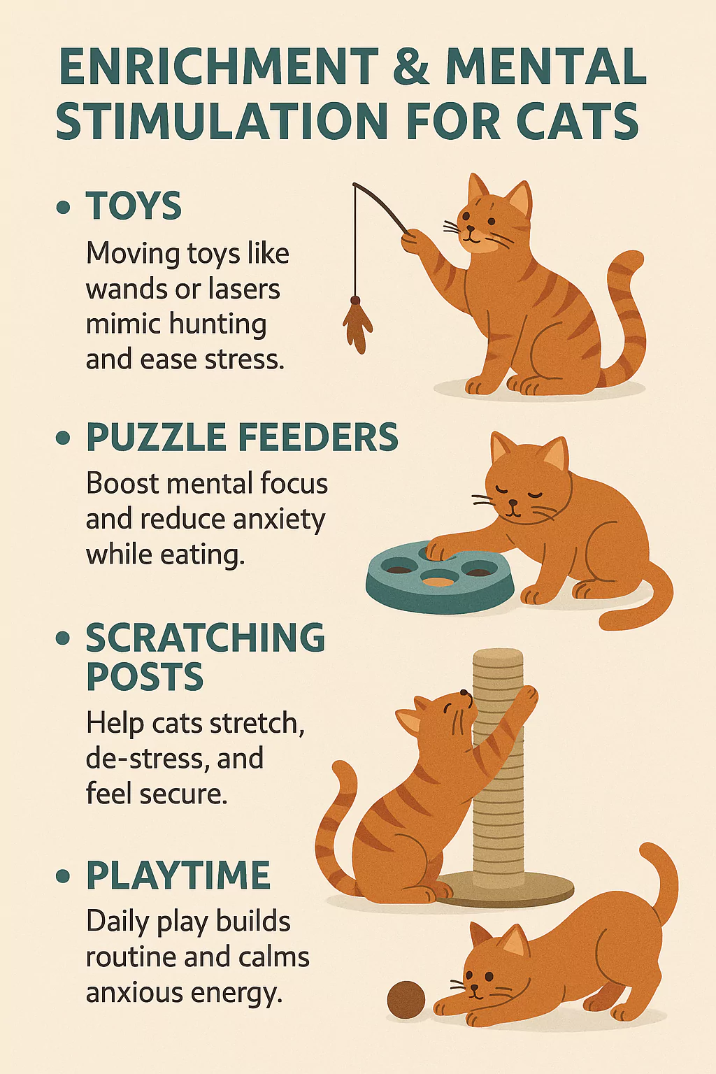 Cat enrichment mental stimulation guide showing toys, puzzle feeders, scratching posts and playtime.