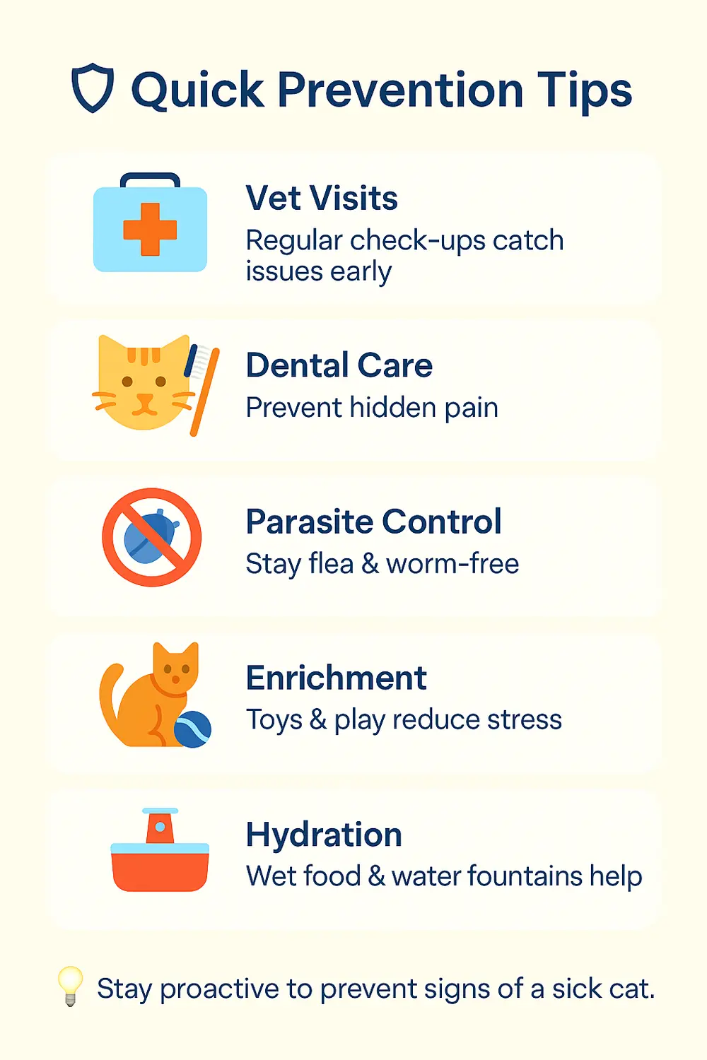 Cat illness prevention tips infographic covering vet visits, dental care, parasite control, and hydration.