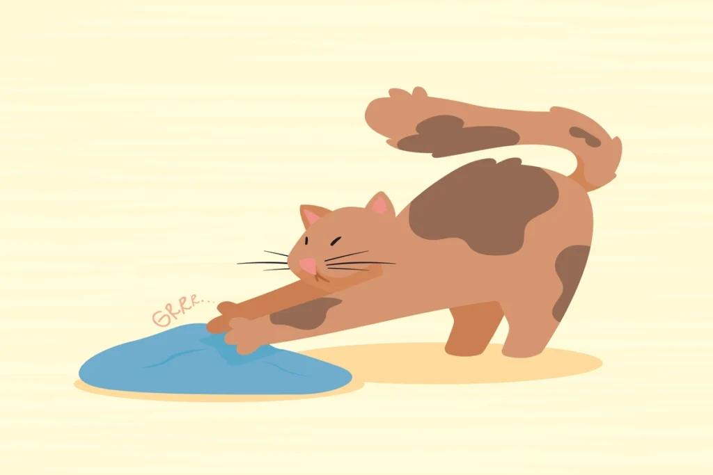 Orange tabby cat kneading blue blanket with claws extended showing natural feline behavior.