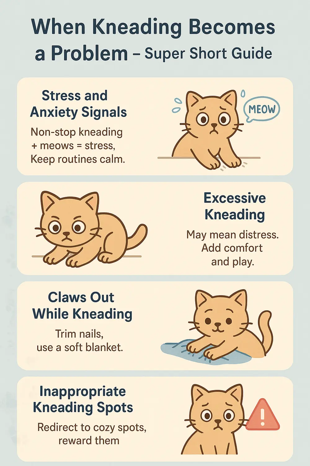 Cat kneading problems guide showing stress signals, excessive kneading, and inappropriate spots.