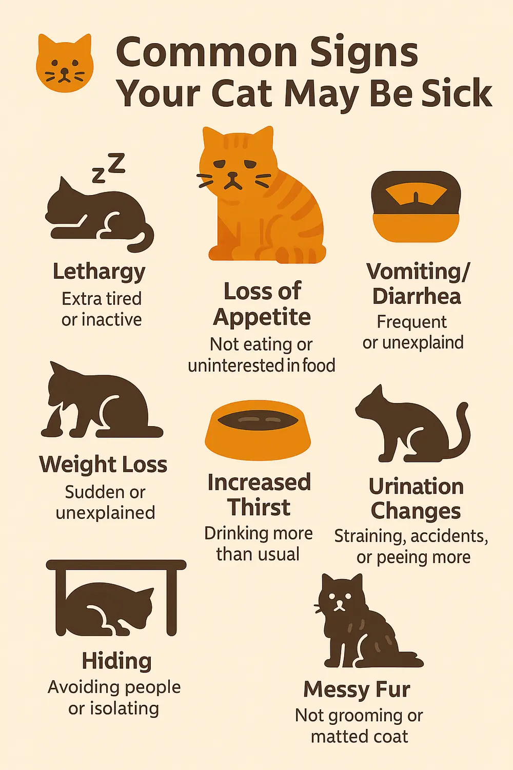 Common signs your cat may be sick including lethargy, loss of appetite, vomiting, and urination changes.