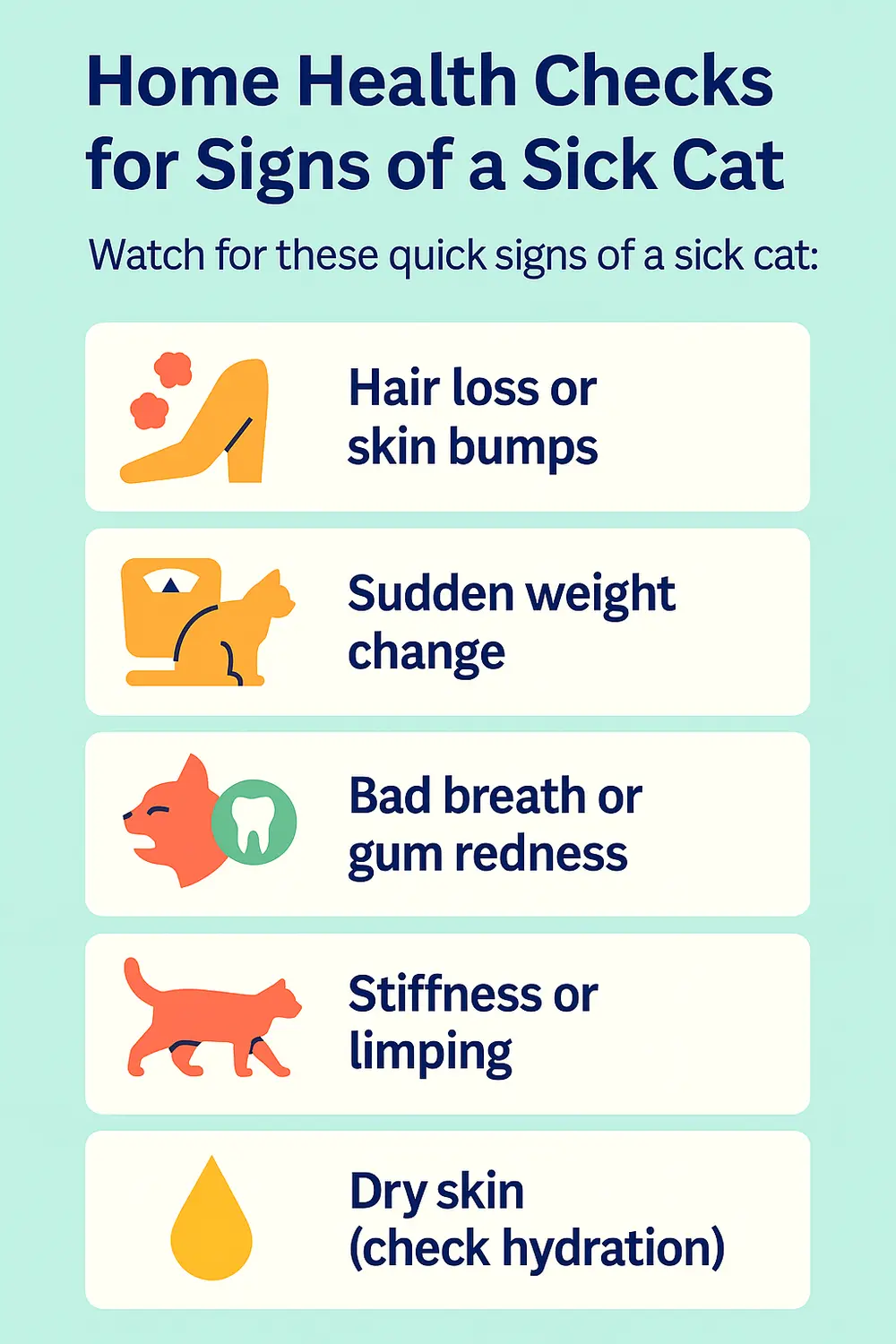 Home health check guide for sick cats showing warning signs like hair loss, weight changes, and bad breath.