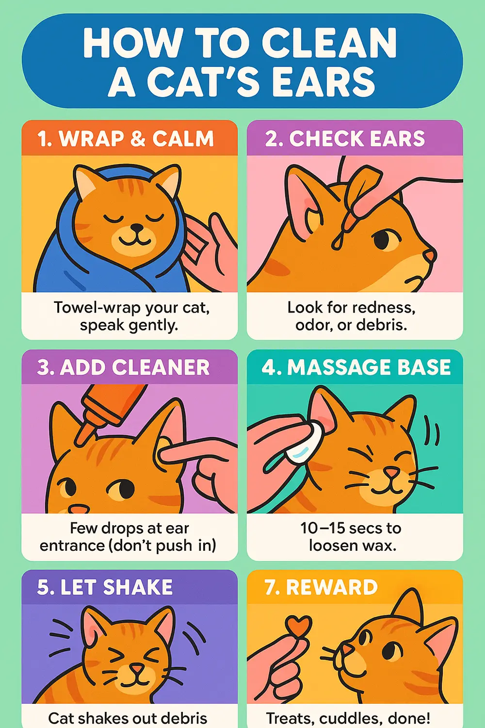 How to clean cat ears step-by-step guide with 7 illustrated steps from wrapping to rewarding your cat.
