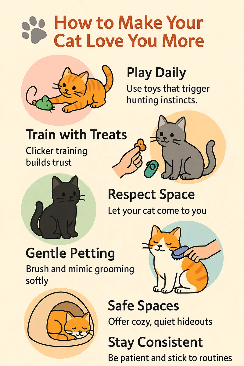 Colorful infographic showing six ways to make your cat love you more: daily play, treat training, respecting space, and gentle petting.