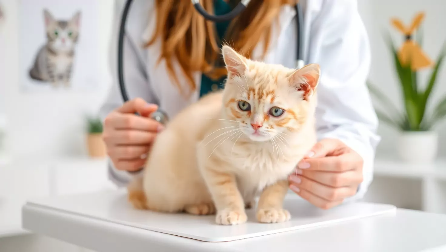 Cream tabby kitten receiving veterinary examination from female vet with stethoscope in clinic.