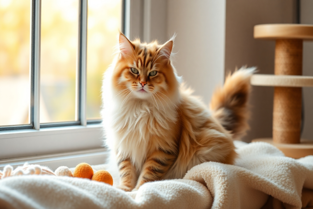 Fluffy orange Maine Coon cat sitting majestically on white blanket by window with cat tree and toys in background.