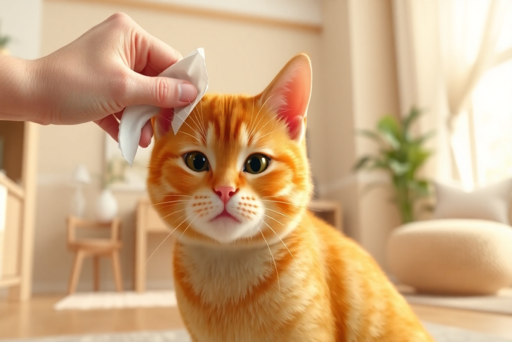 Orange tabby cat having ear gently wiped clean with soft cloth during professional ear cleaning.