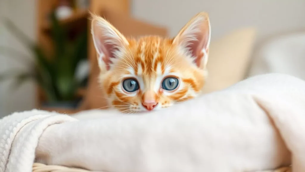 Orange tabby kitten with bright blue eyes resting on white couch in cozy living room.