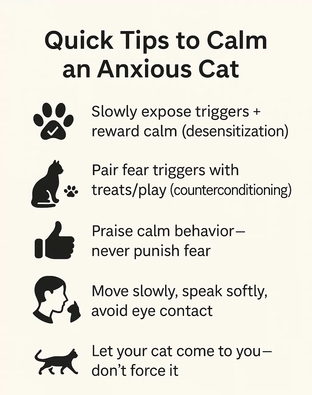 Quick tips to calm anxious cat infographic with desensitization and counterconditioning techniques.