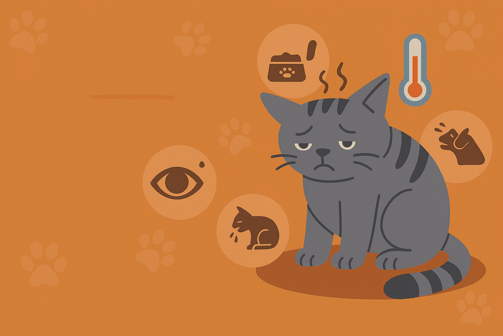 Sick gray tabby cat illustration with symptoms icons showing fever, diarrhea, eye problems, and appetite loss.