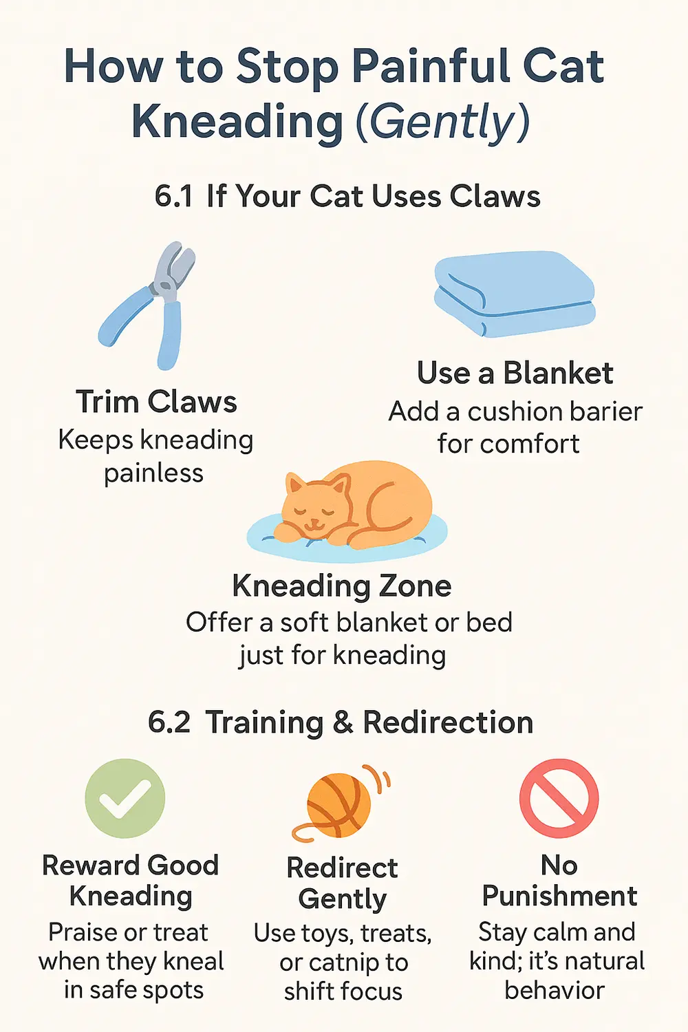 How to stop painful cat kneading infographic with training tips, claw trimming, and blanket solutions.