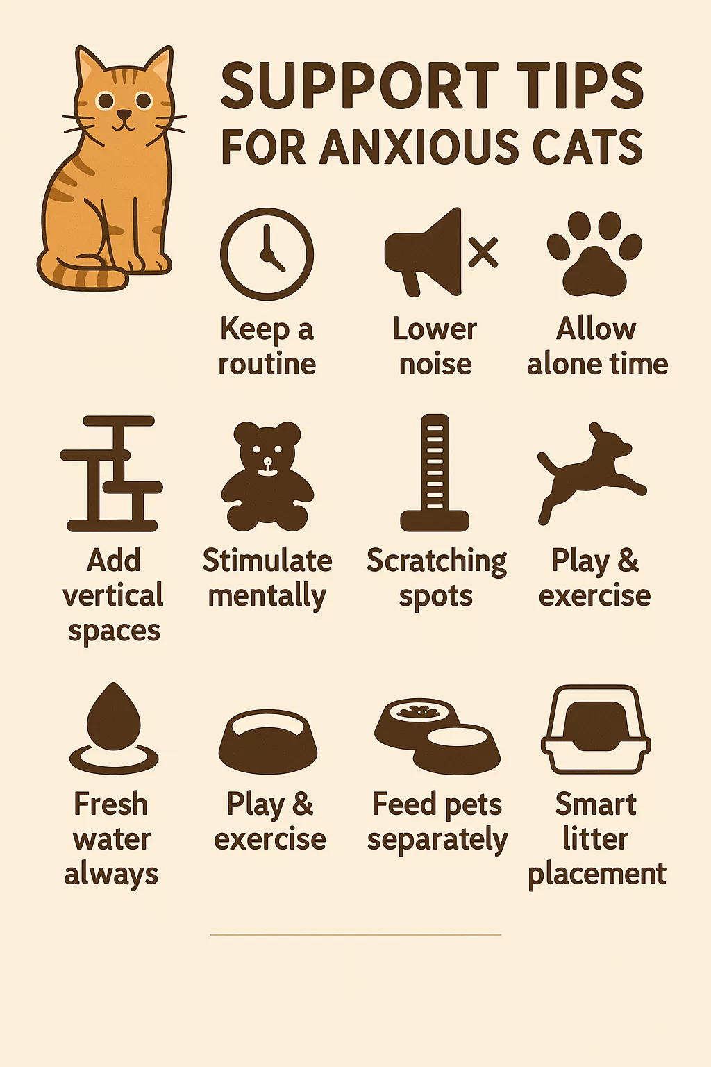 Support tips for anxious cats infographic with icons for routine, quiet environment and enrichment.