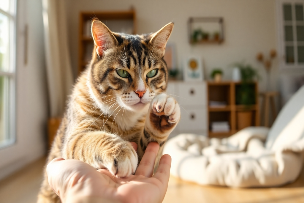 Brown tabby cat with green eyes extending paw toward human hand in bright modern living room, showing trust and affection.