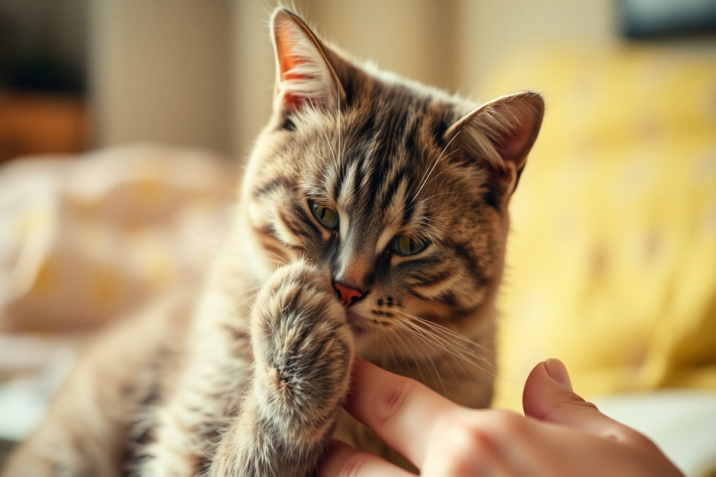 Brown tabby cat gently sniffing and touching human hand with paw in warm indoor lighting, showing curious affectionate behavior.