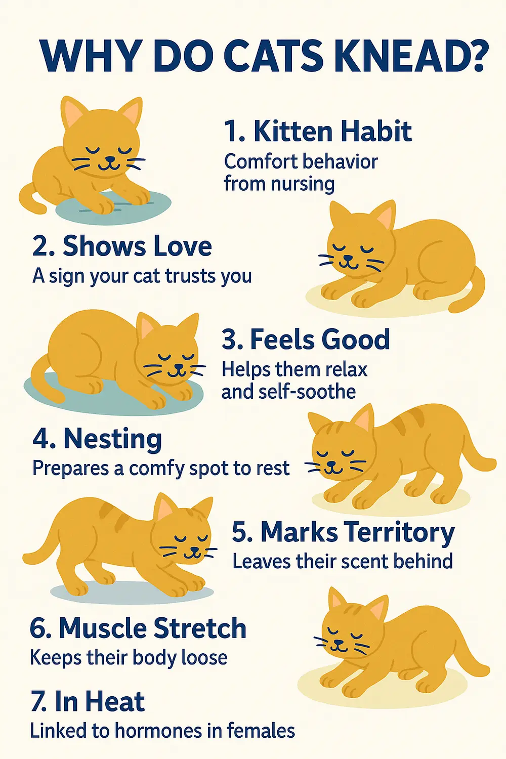 Why cats knead infographic explaining kitten habits, love signs, comfort, and territory marking.