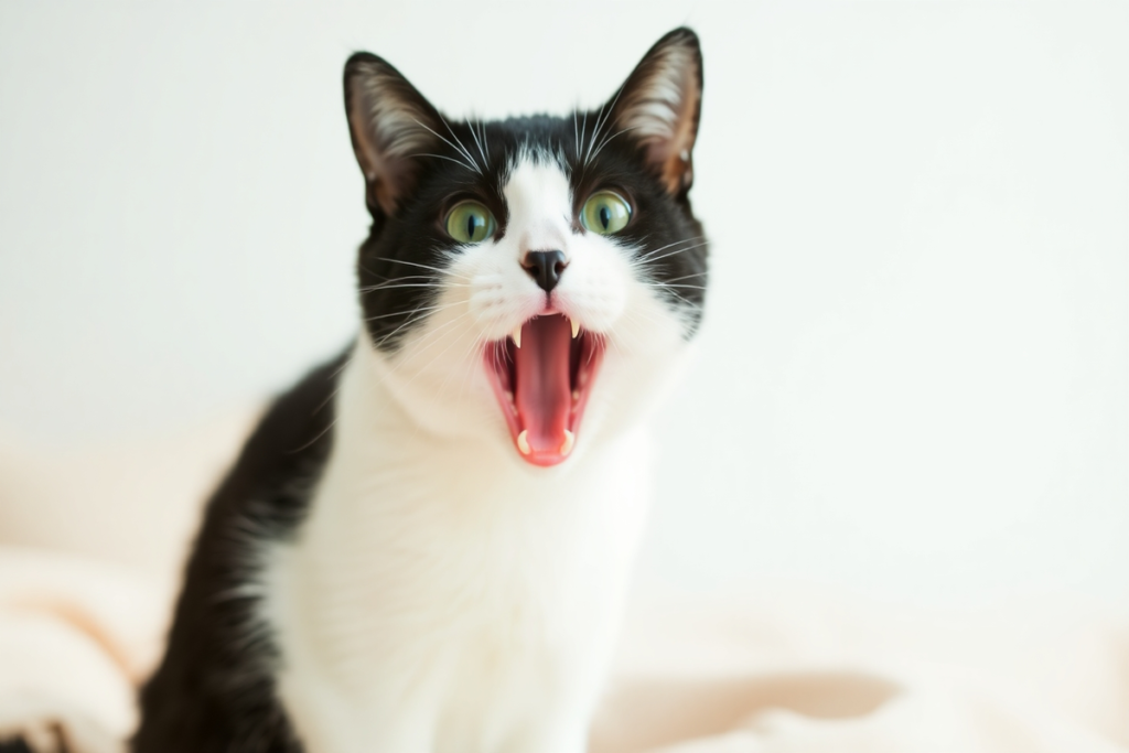 A black and white tuxedo cat with bright green eyes yawning or meowing with mouth wide open, showing pink tongue and teeth, against a light background.