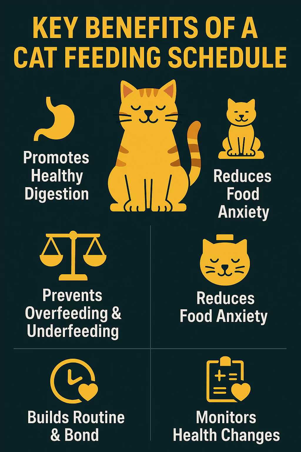 Infographic showing key benefits of a consistent cat feeding schedule for digestion and health.