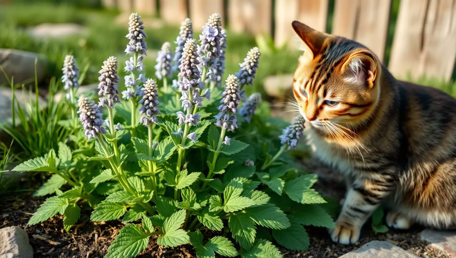 Bengal kitten investigating catnip flowers in garden with natural lighting.