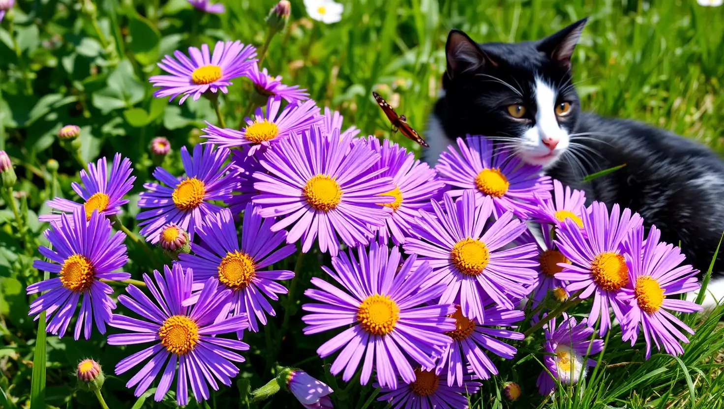 Black and white kitten exploring purple aster flowers in garden with butterfly.