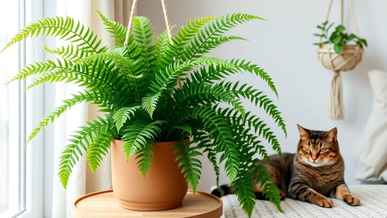 Boston fern houseplant in ceramic pot with tabby cat on windowsill.