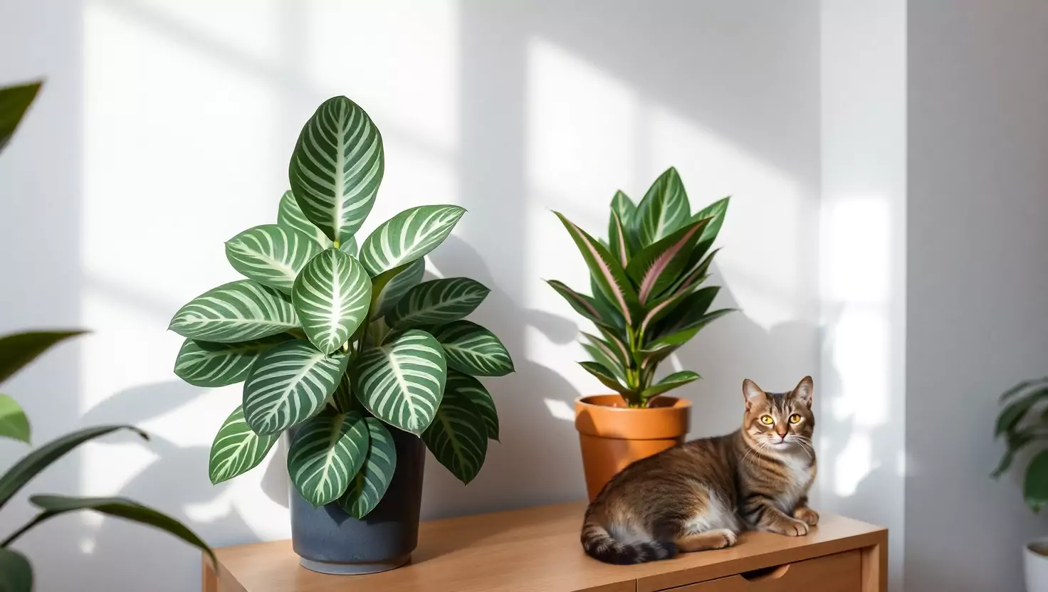 Calathea and rubber plant with Bengal cat on wooden table in bright room.
