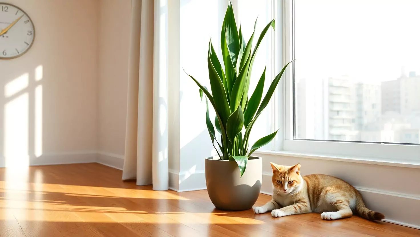 Cast iron plant in modern pot with orange tabby cat on hardwood floor by window.