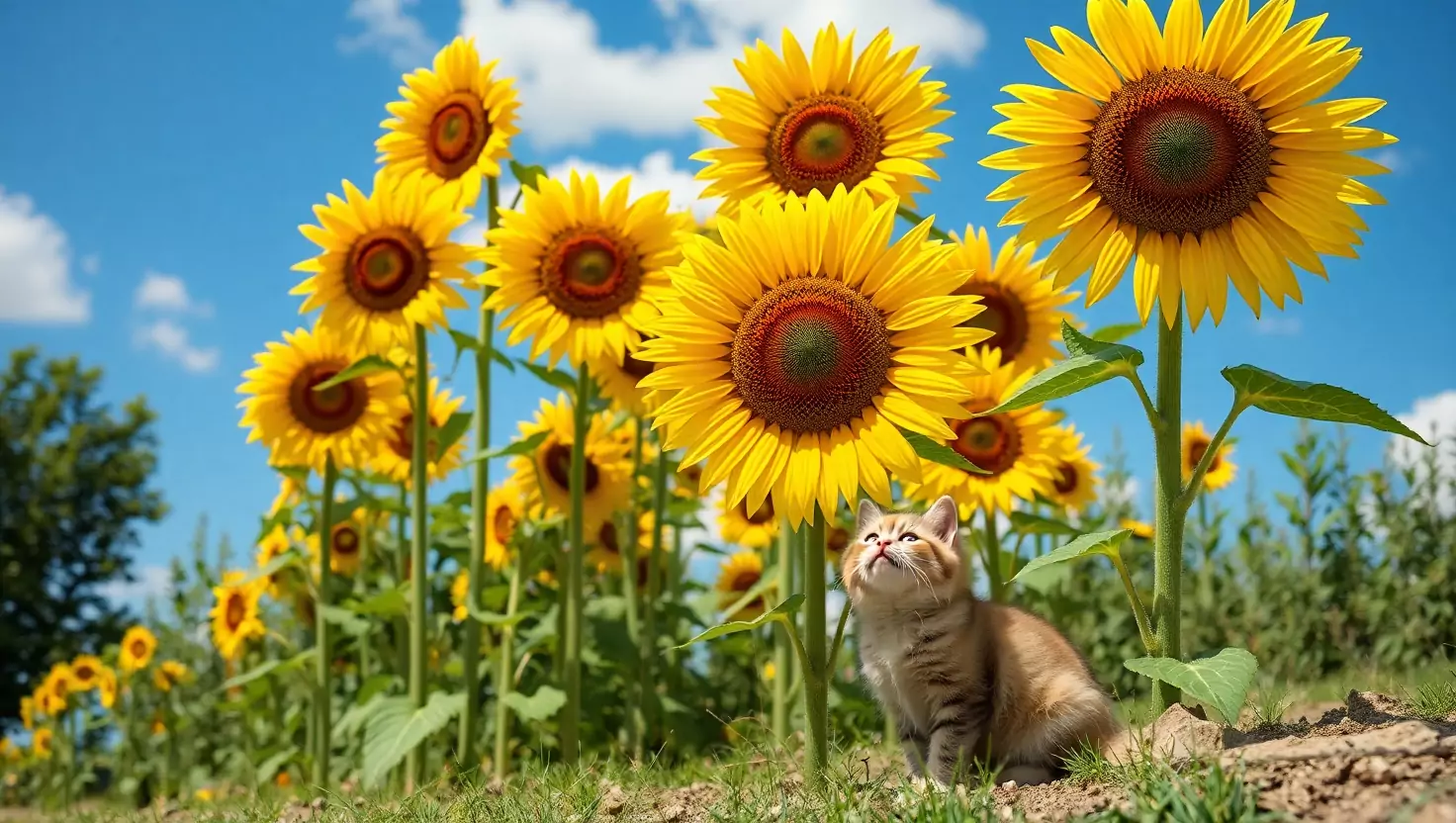 Small light-colored cat sitting in a field of tall yellow sunflowers under blue sky.