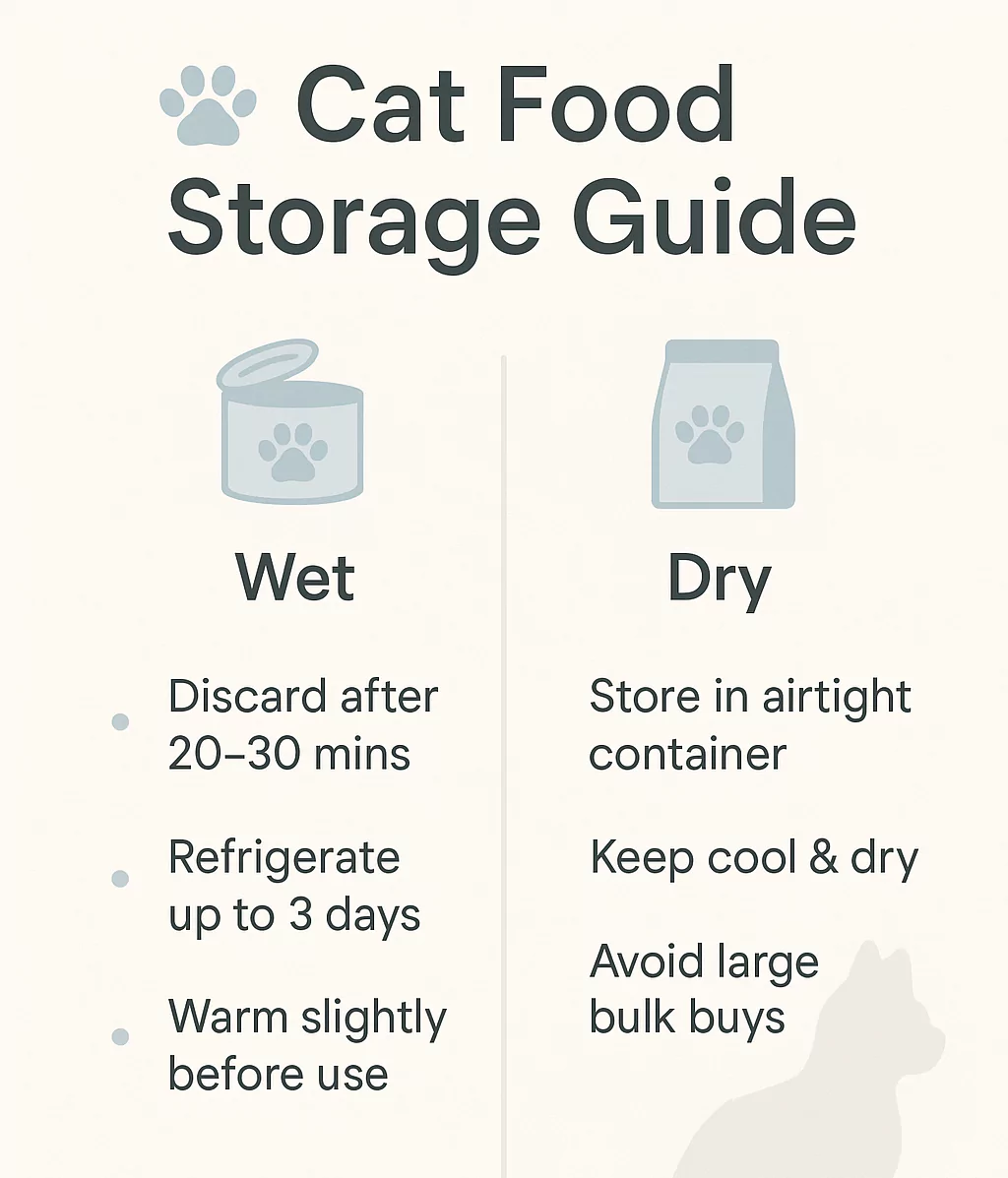 Infographic detailing wet and dry cat food storage and safety tips for a healthy cat feeding schedule.