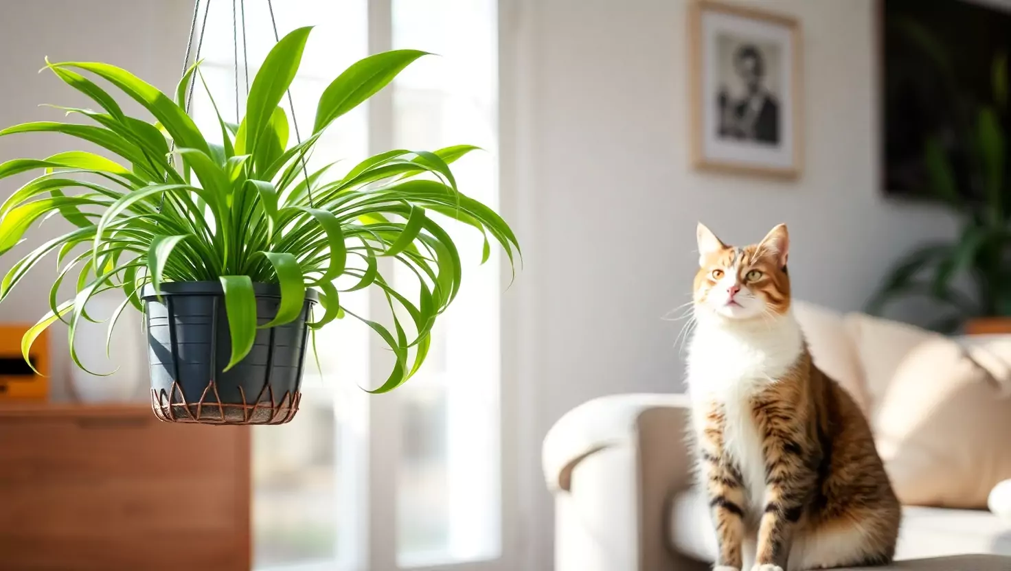 Tabby and white cat looking up at a hanging spider plant in a bright living room.