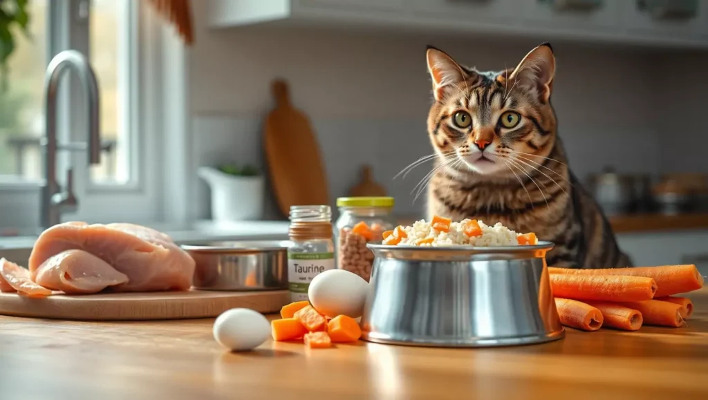 Tabby cat looking at homemade cat food ingredients: raw chicken, eggs, taurine supplement, carrots, and a bowl of mixed food.
