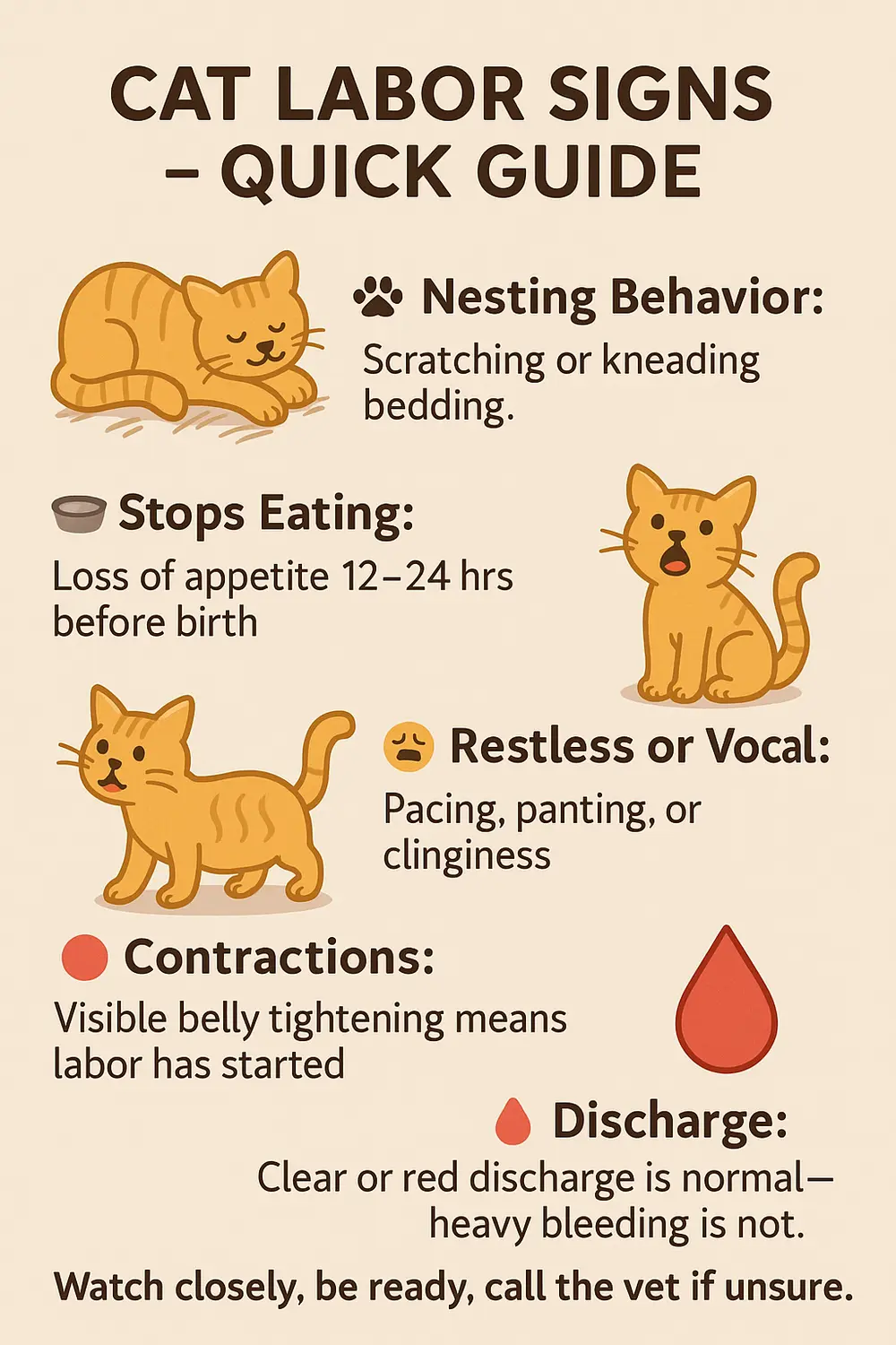 Cat labor signs infographic with nesting behavior, appetite loss, contractions and discharge symptoms.