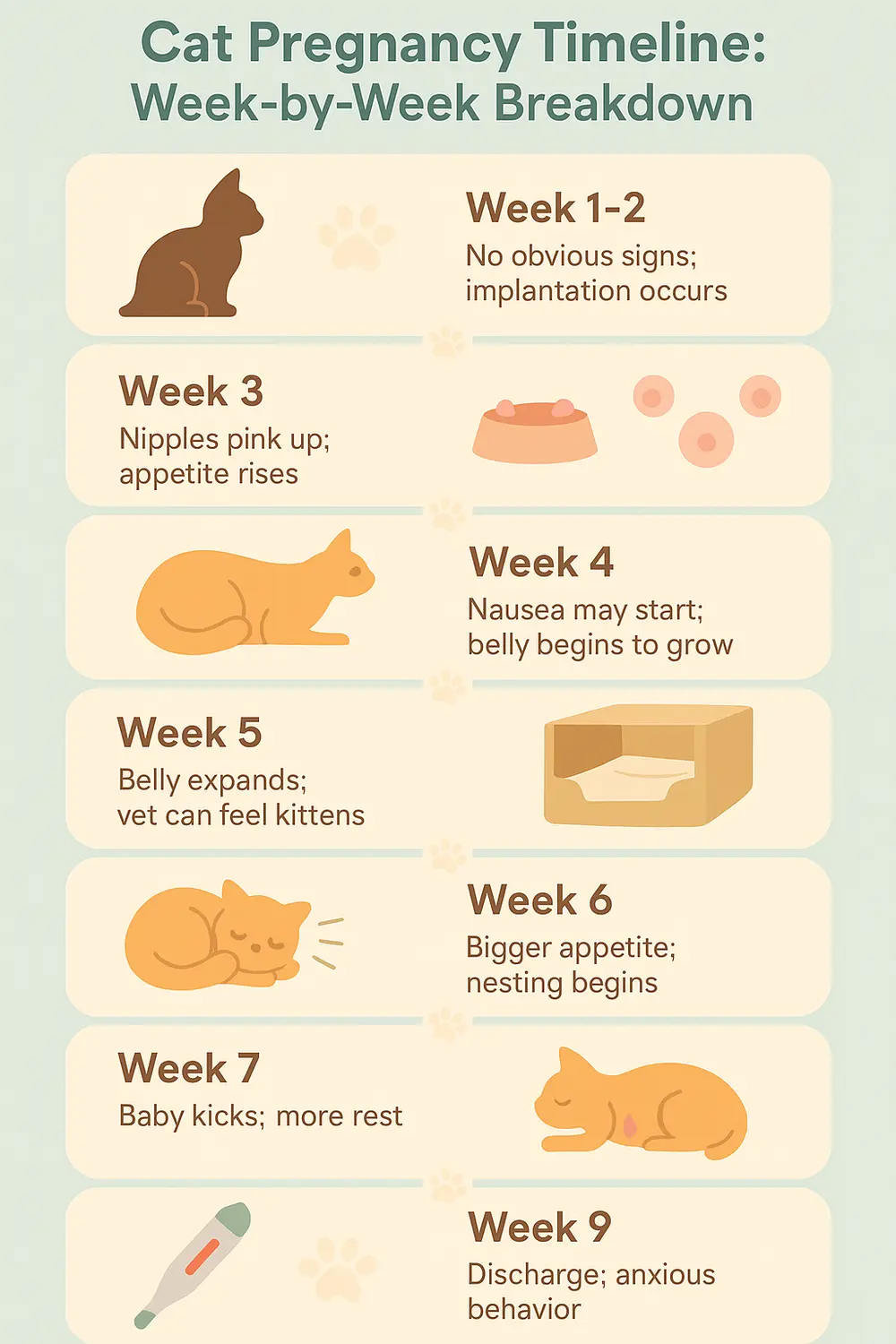 Cat pregnancy timeline infographic showing week-by-week development from implantation to birth symptoms.