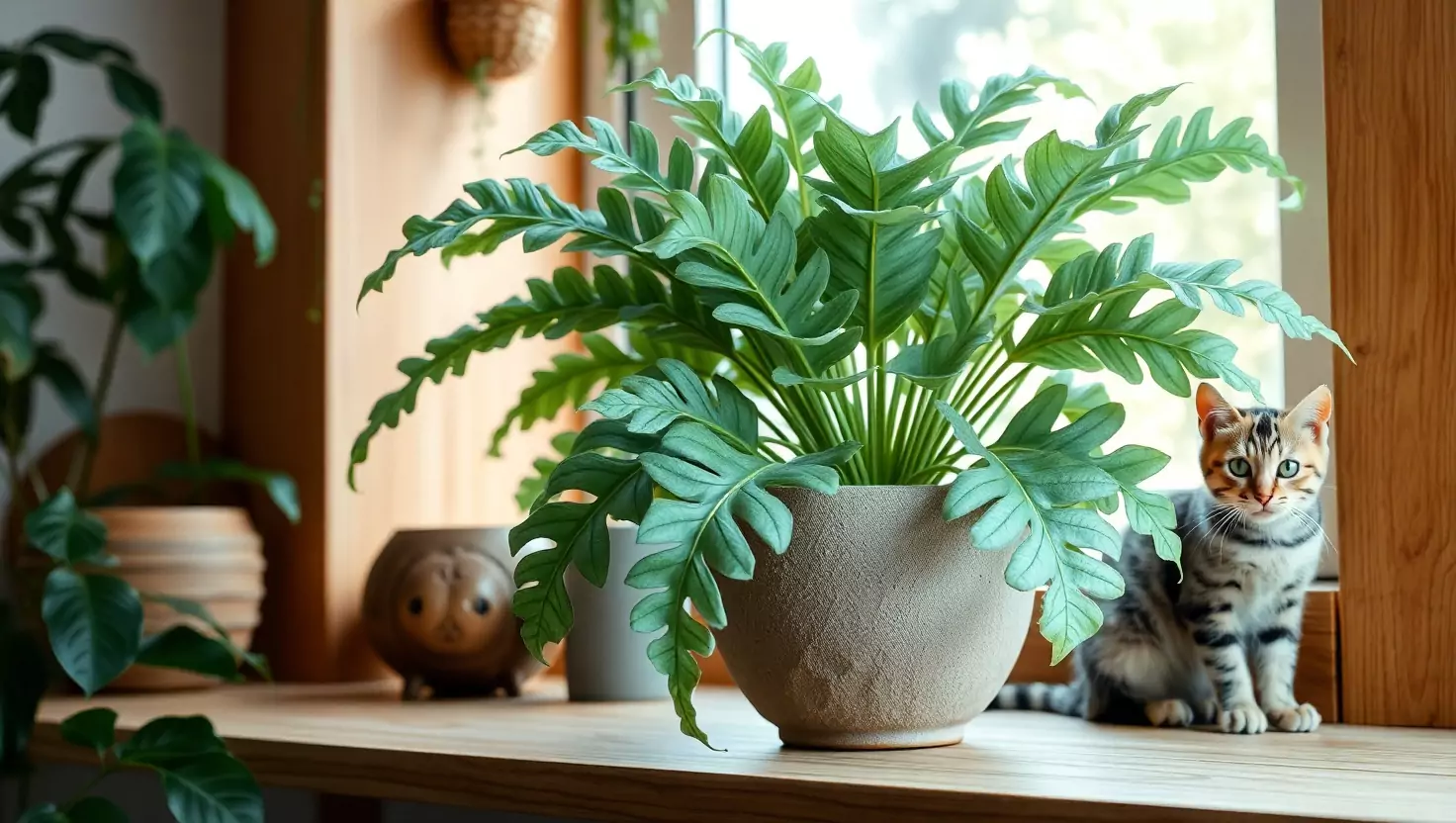 Cat-safe philodendron houseplant with silver tabby kitten on wooden shelf.